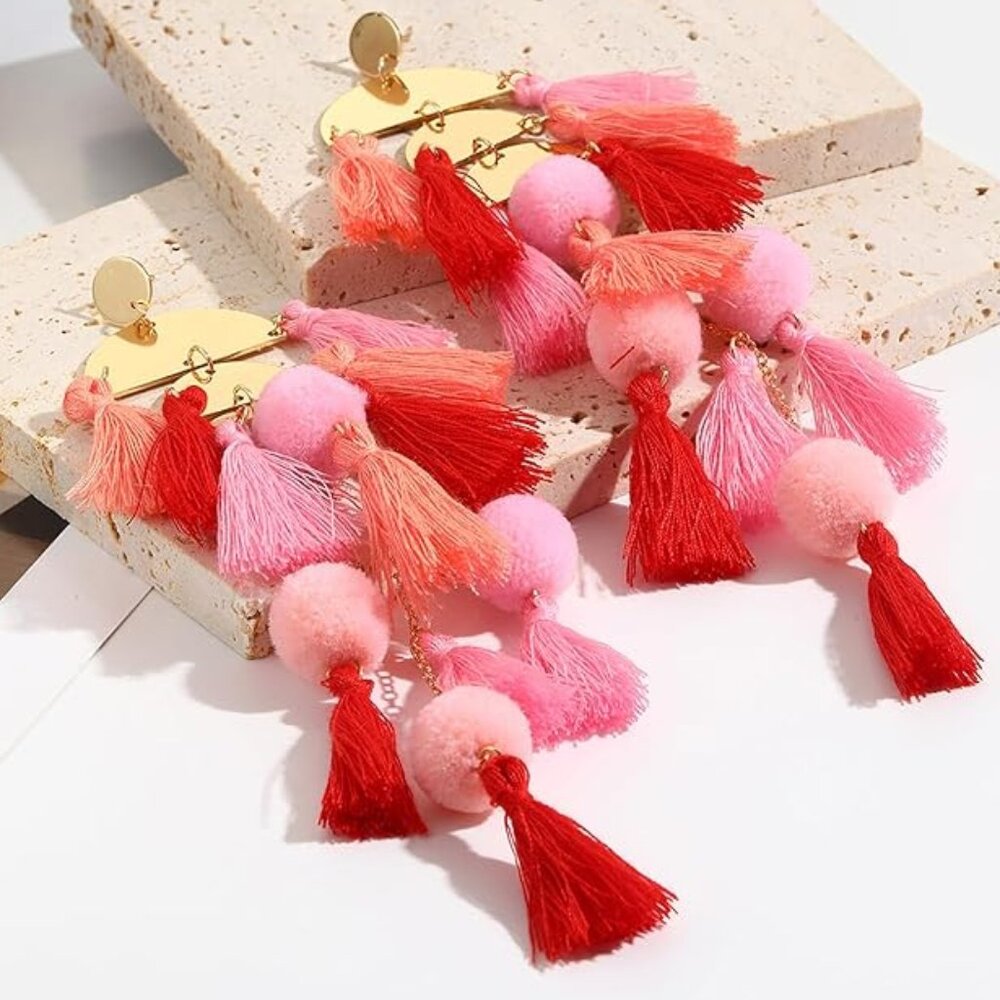 ✨ 2/$15 JEWELRY✨ Gold and Pink Long Tassel Pompom Statement Earrings